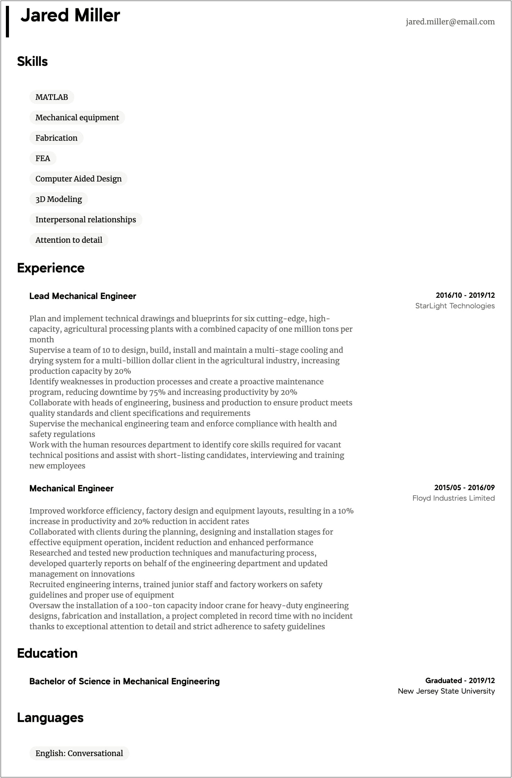 Sample Resume For Mechanical Engineer With Experience