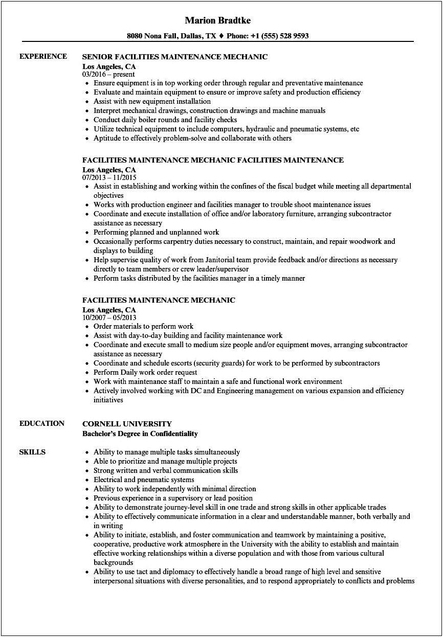 Sample Resume For Mechanical Maintenance Technician