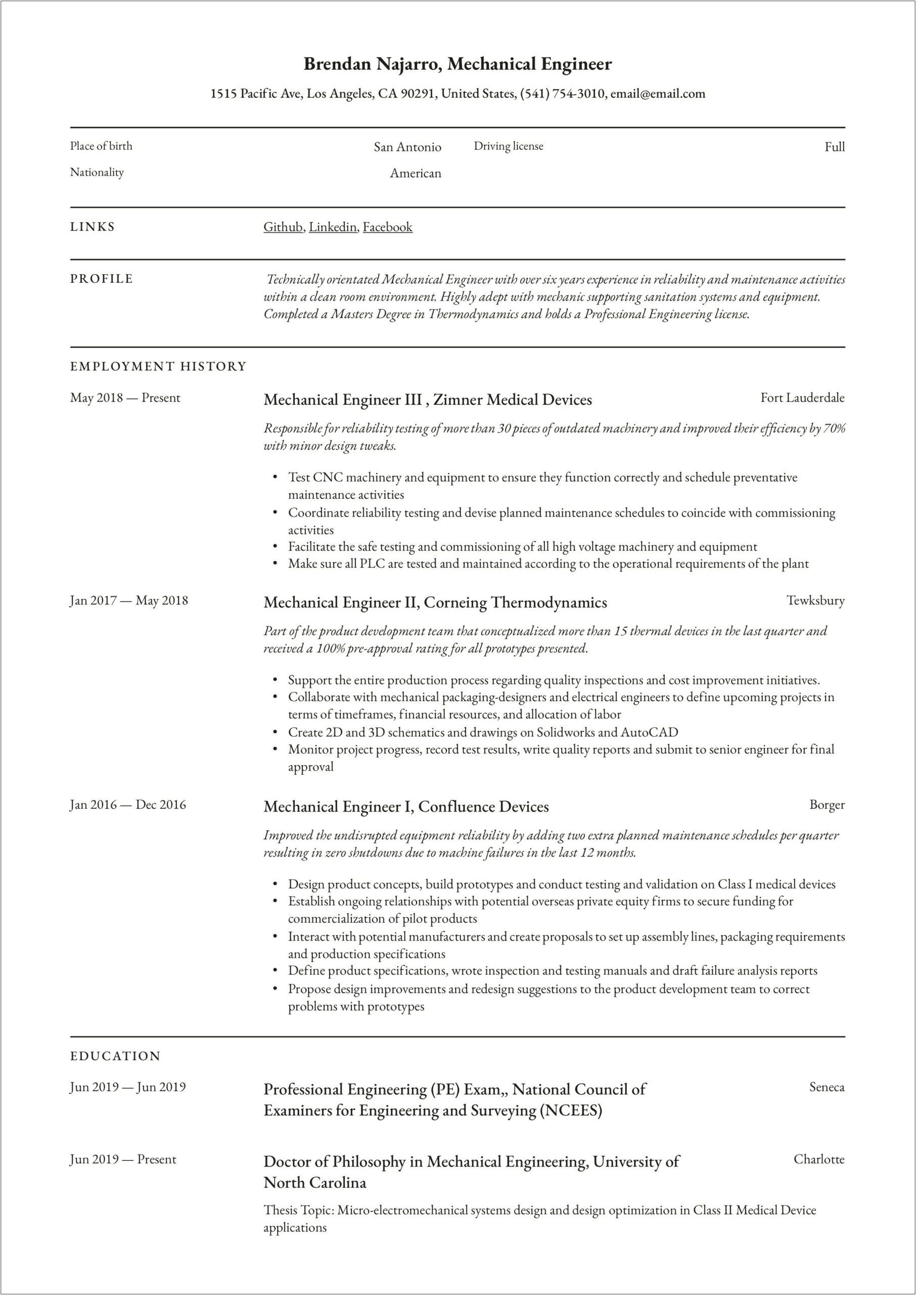 Sample Resume For Mechanical Production Engineer