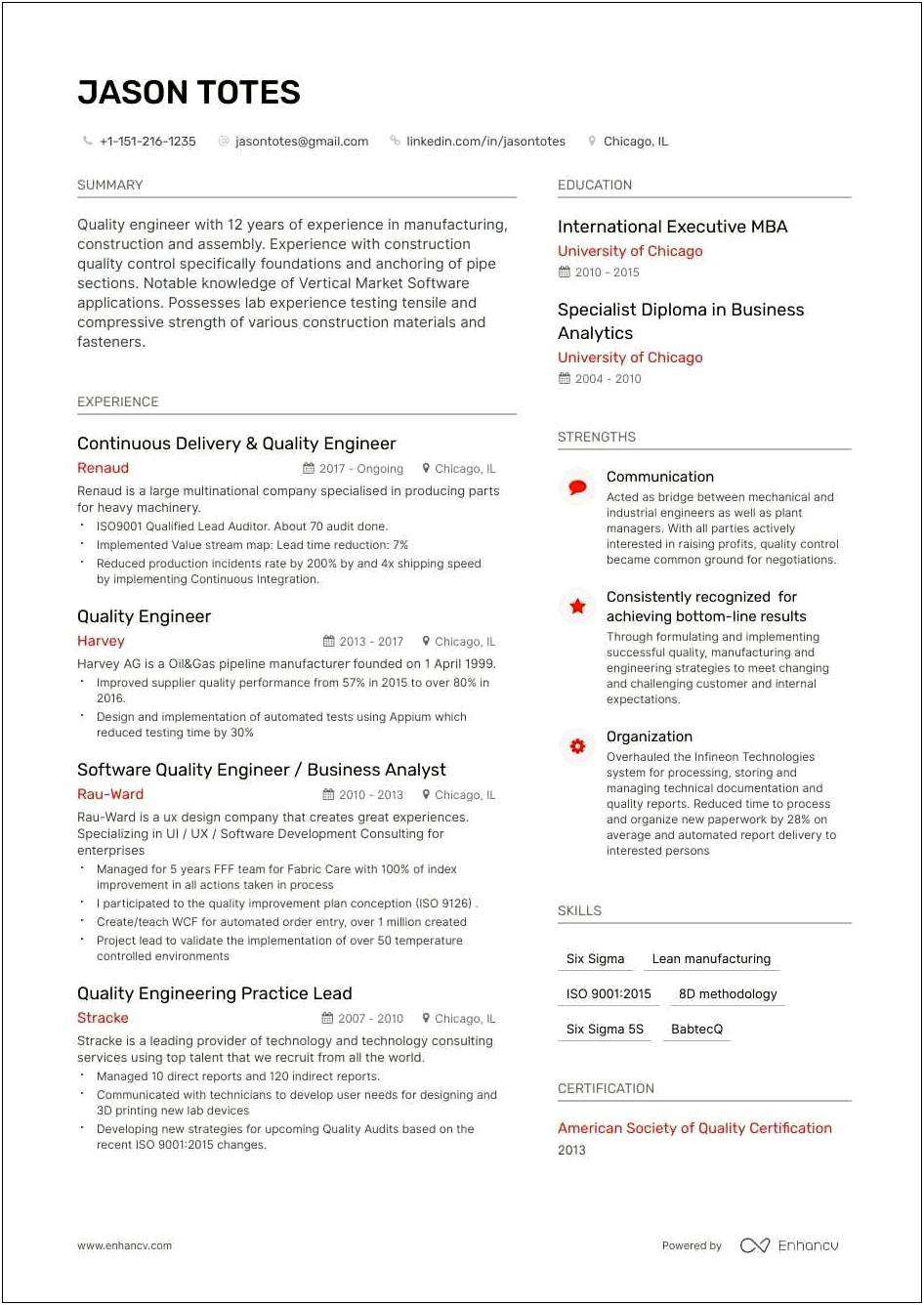Sample Resume For Mechanical Qa Qc Engineer