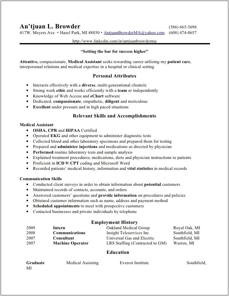 Sample Resume For Medical Assistant Graduate