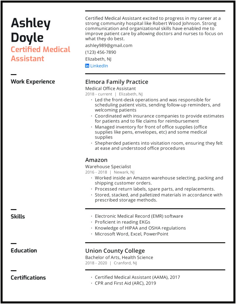 Sample Resume For Medical Assistant With Experience