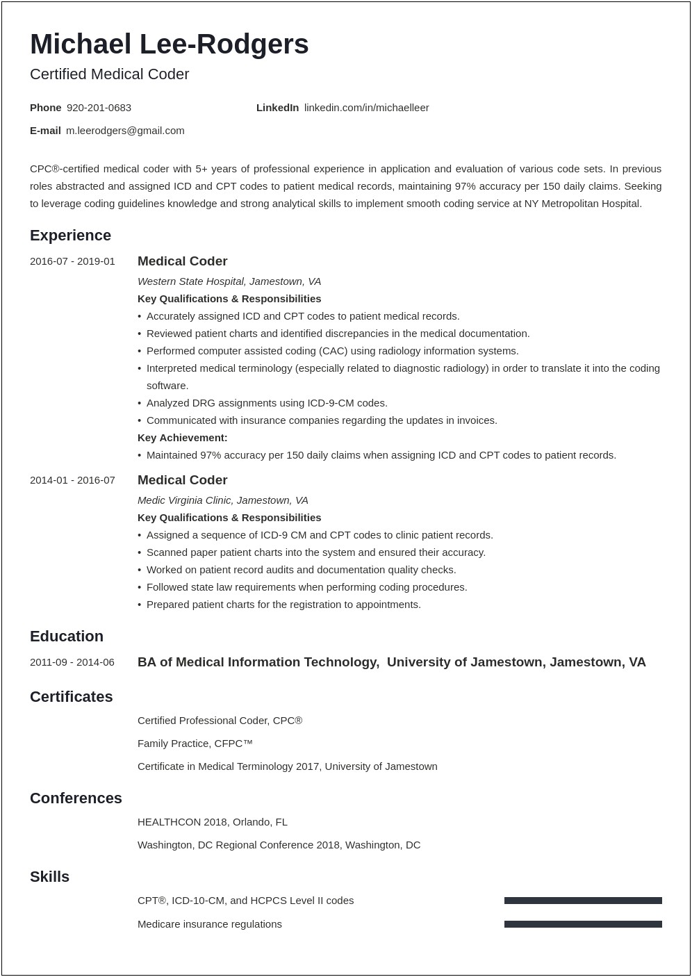 Sample Resume For Medical Billing And Coding Graduate