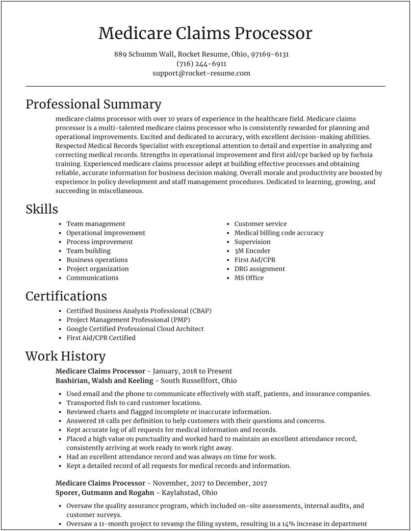 Sample Resume For Medical Claims Processor
