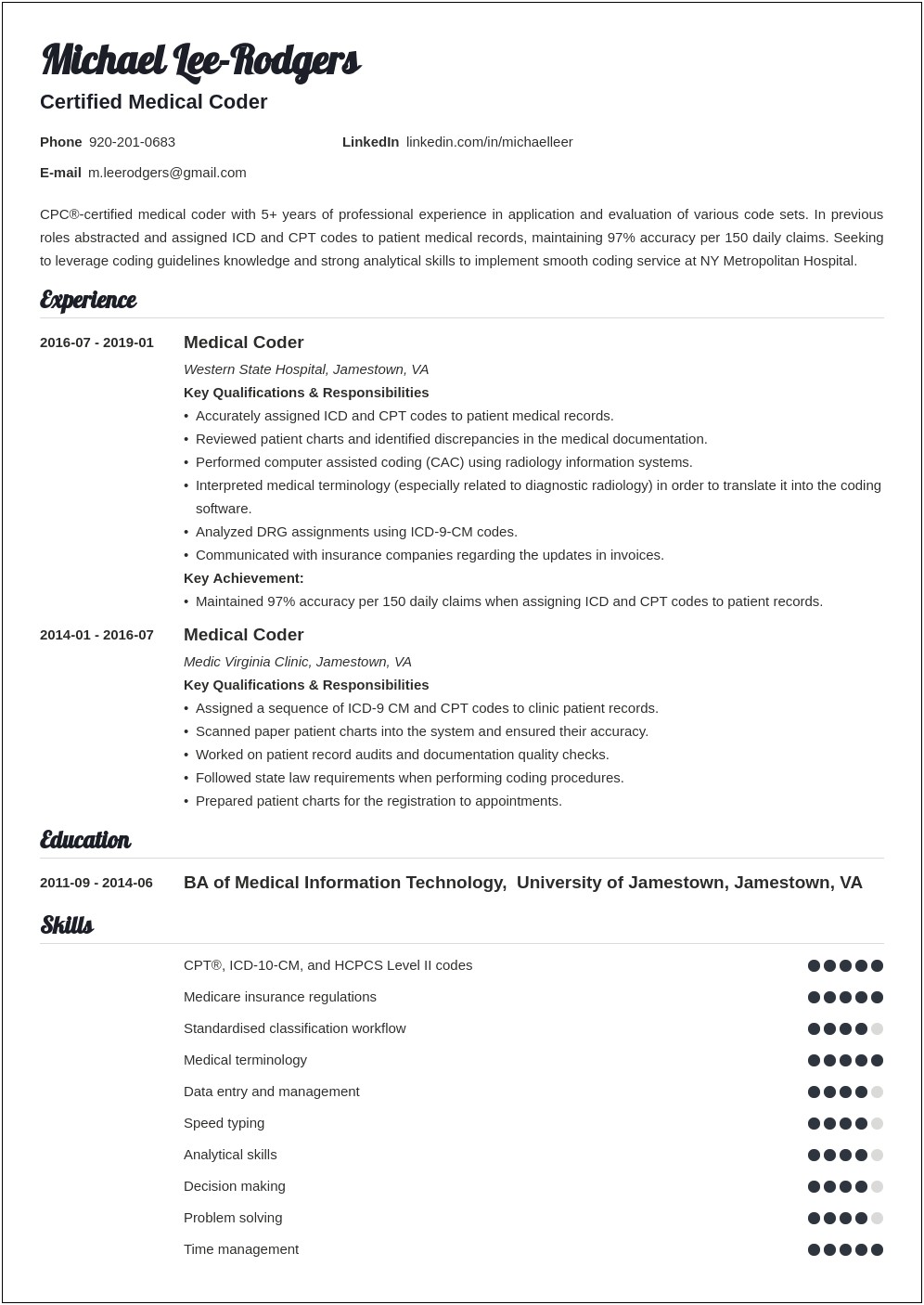 Sample Resume For Medical Coding Specialist
