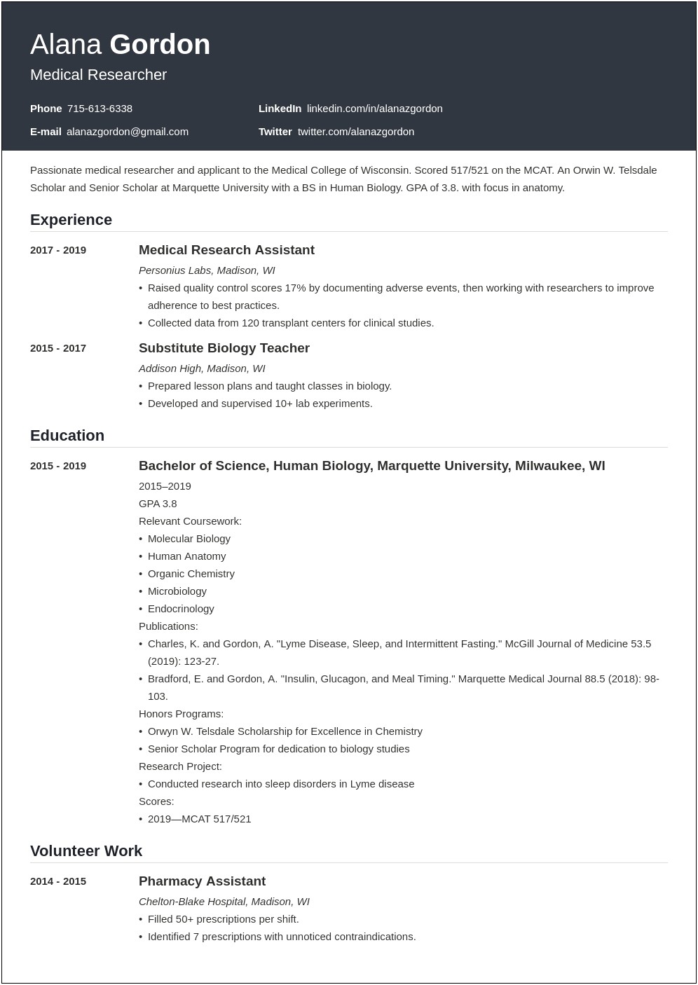 Sample Resume For Medical School Admission