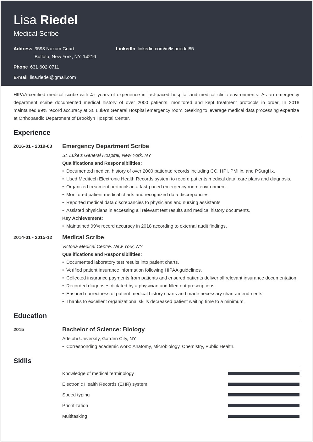 Sample Resume For Medical Scribe For College Students