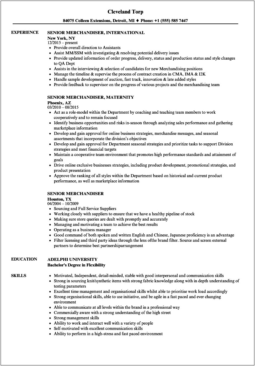 Sample Resume For Merchandiser Job Description