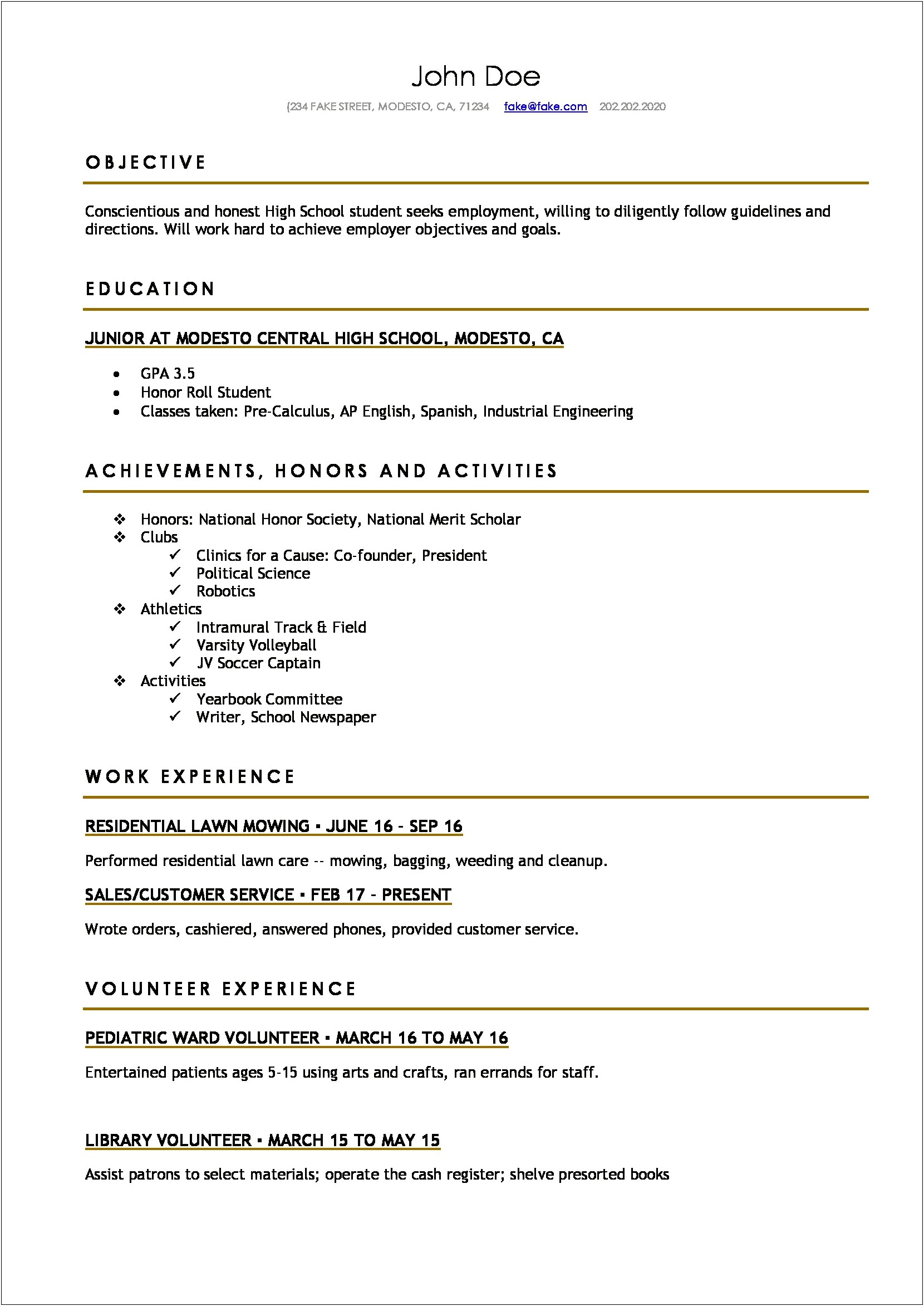 Sample Resume For Middle School Students