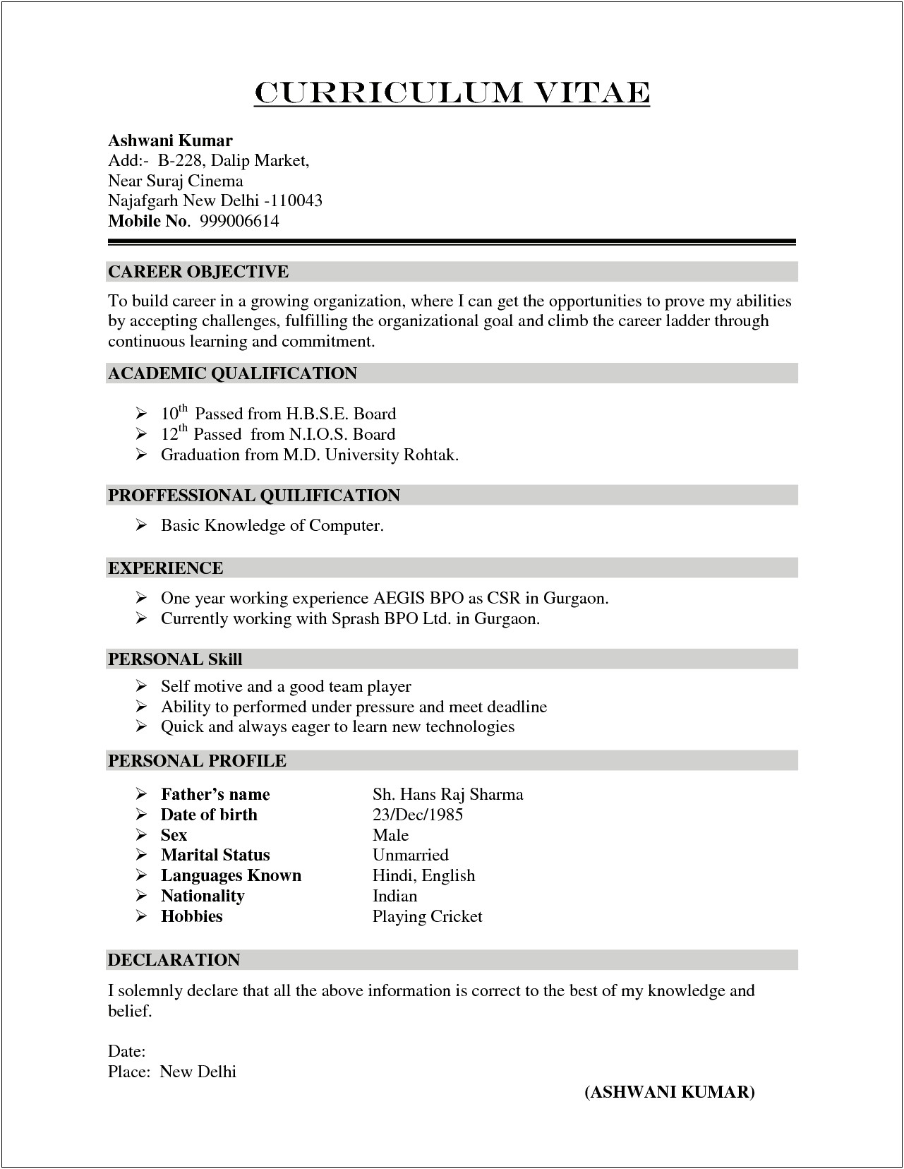Sample Resume For Msc Analytical Chemistry Freshers