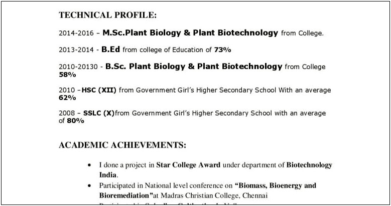 Sample Resume For Msc Biotechnology Freshers