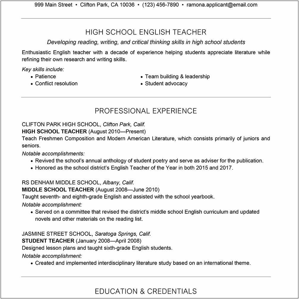 Sample Resume For New Teacher Applicant