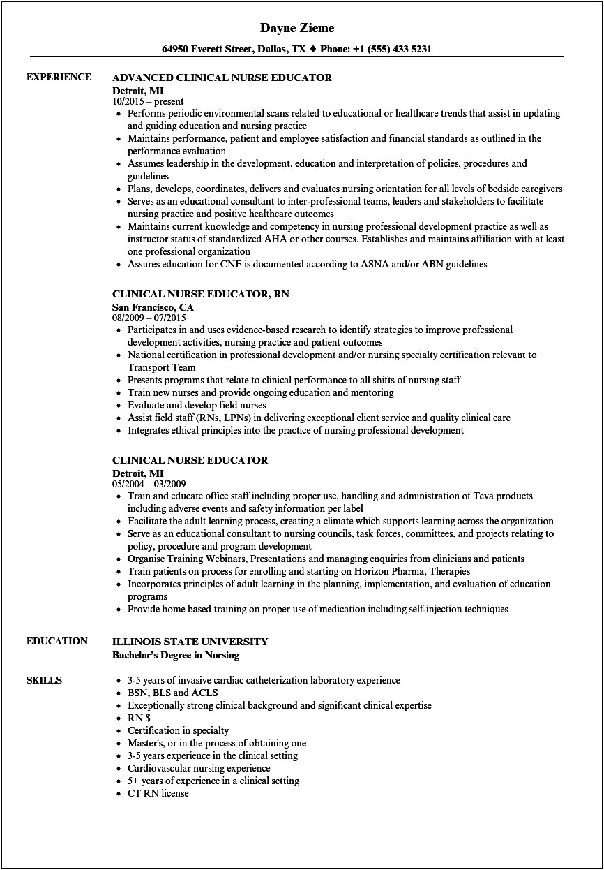 Sample Resume For Nurse Educator Position