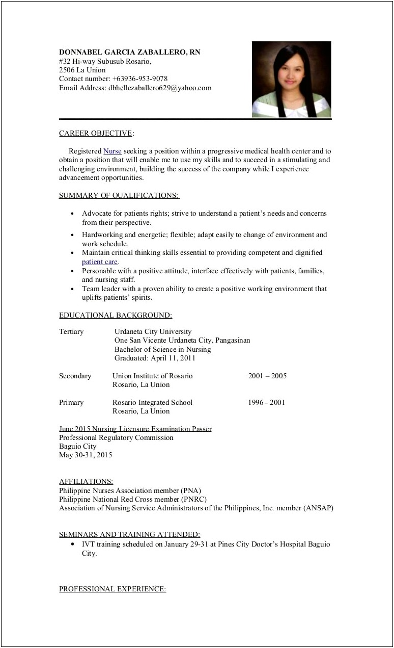 Sample Resume For Nurses In The Philippines