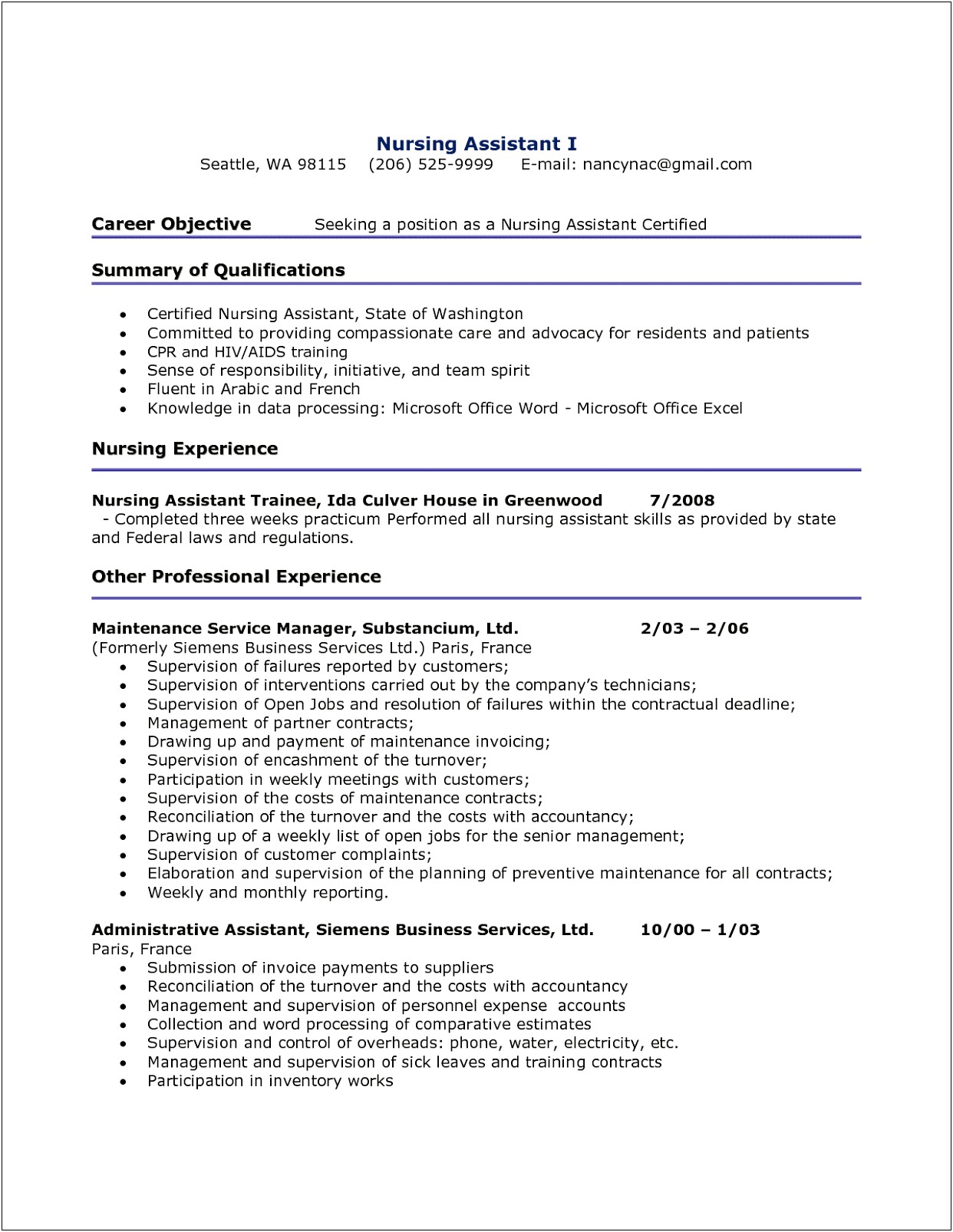 Sample Resume For Nursing Assistant With Experience