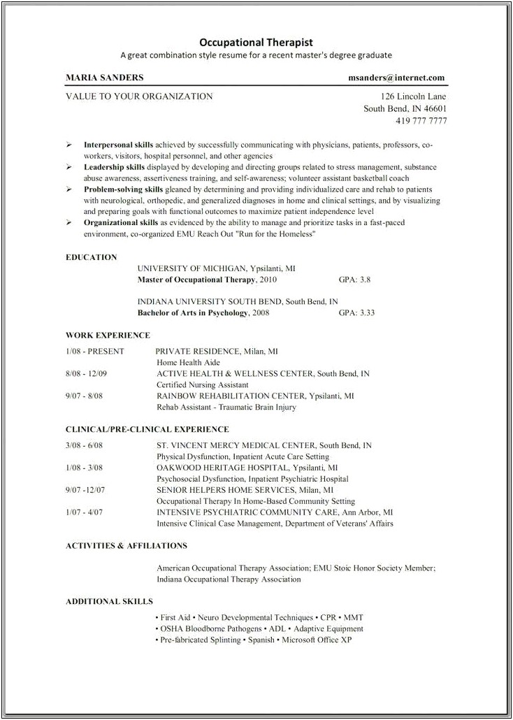Sample Resume For Occupational Therapy Manager