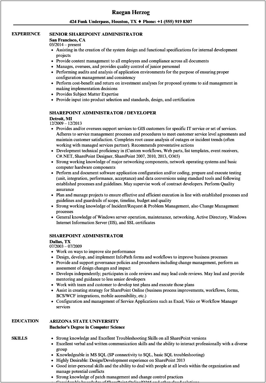 Sample Resume For Office 365 Administrator