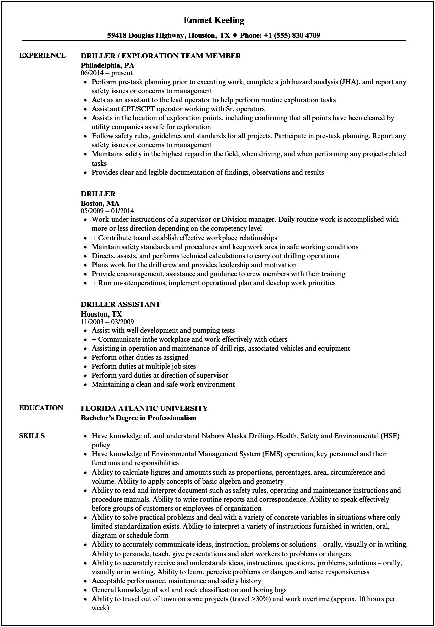 Sample Resume For Oil Field Worker
