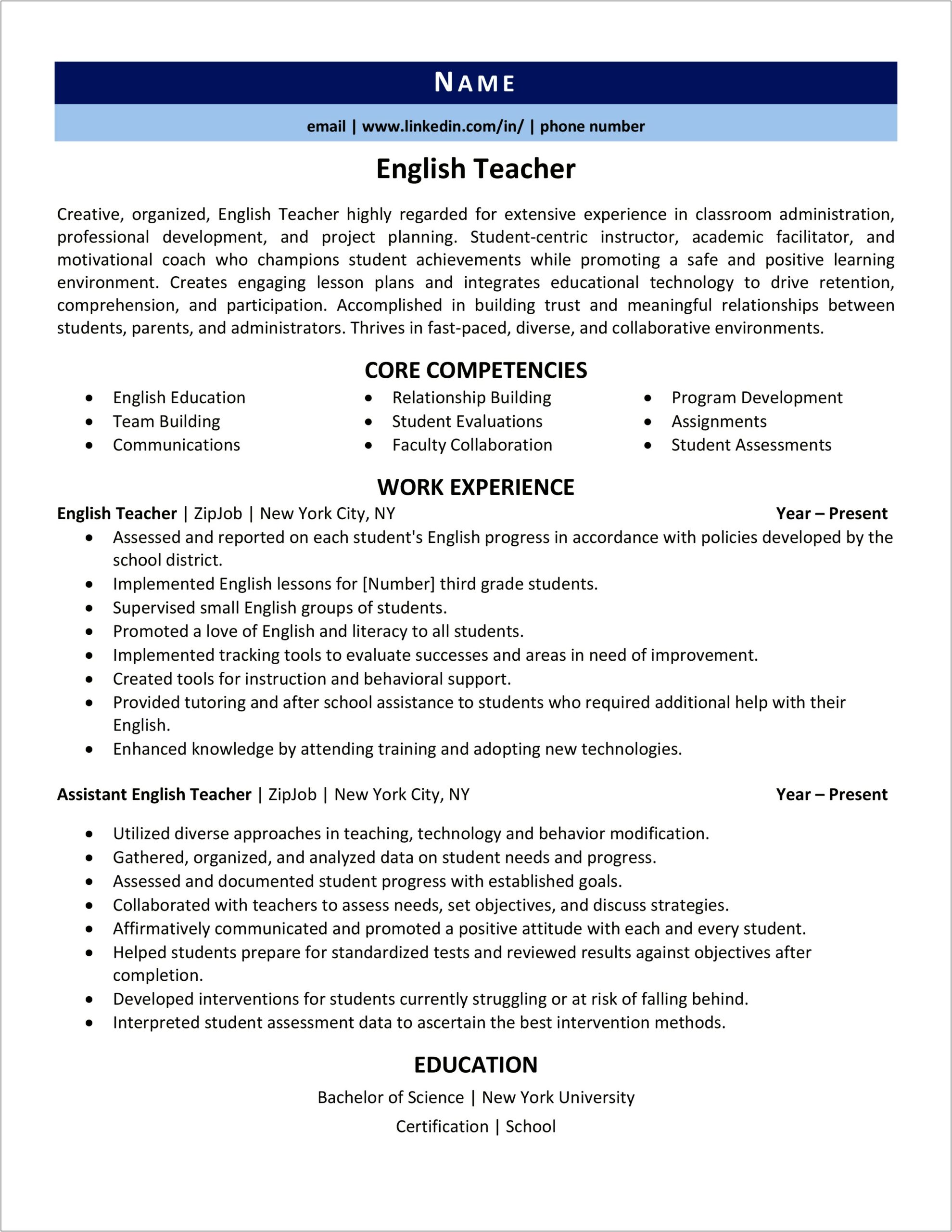 Sample Resume For Online English Teacher