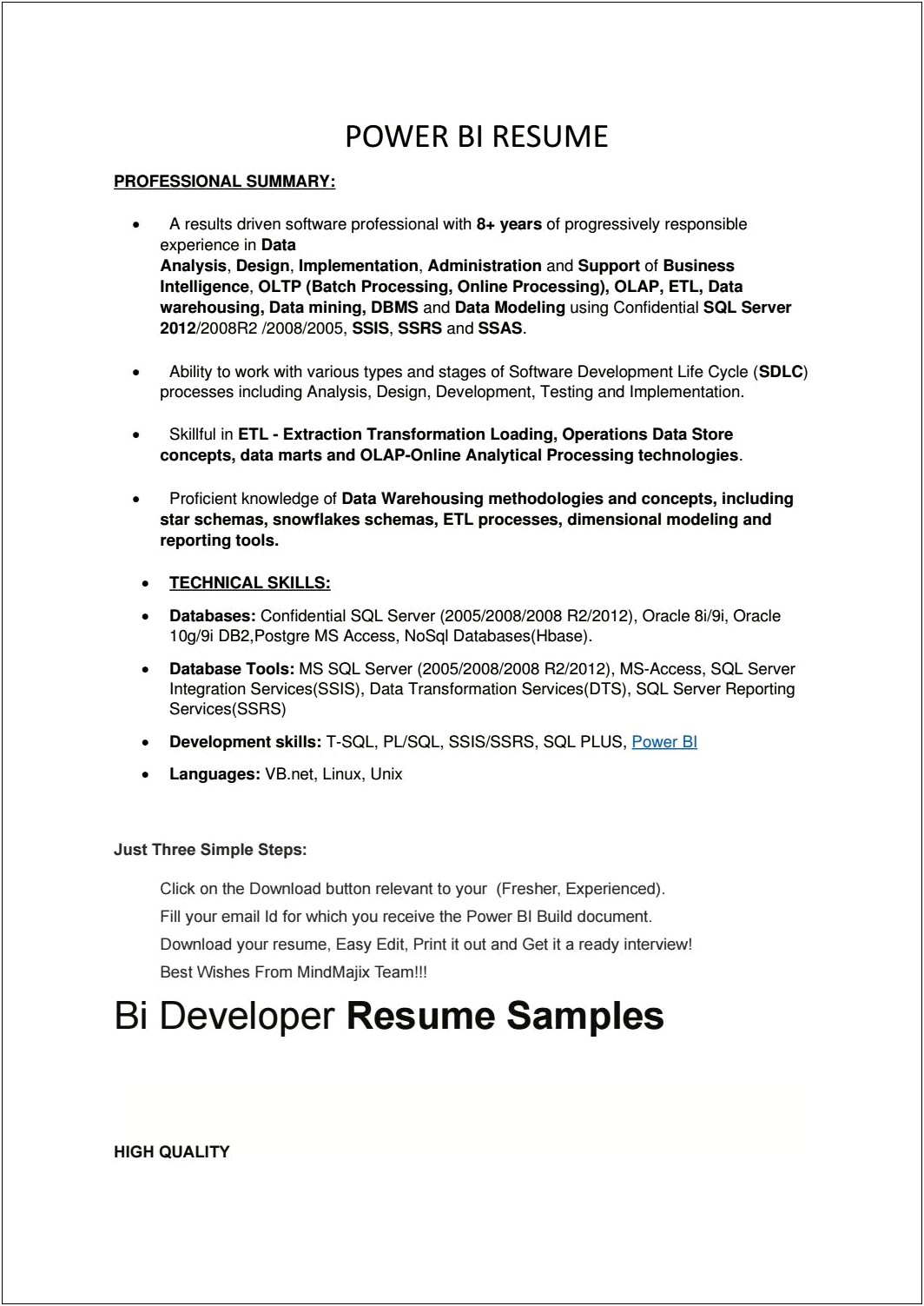 Sample Resume For Oracle Pl Sql Developer Fresher