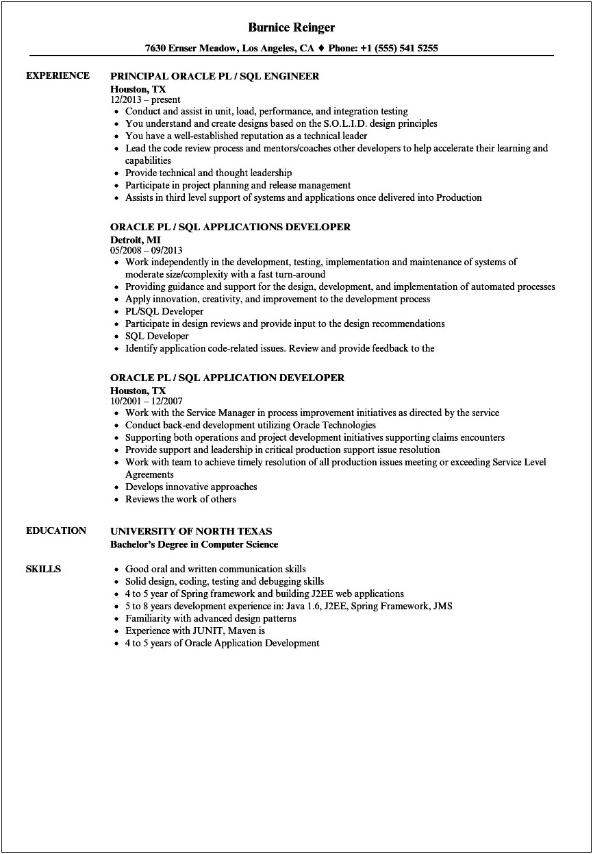 Sample Resume For Oracle Sql Developer