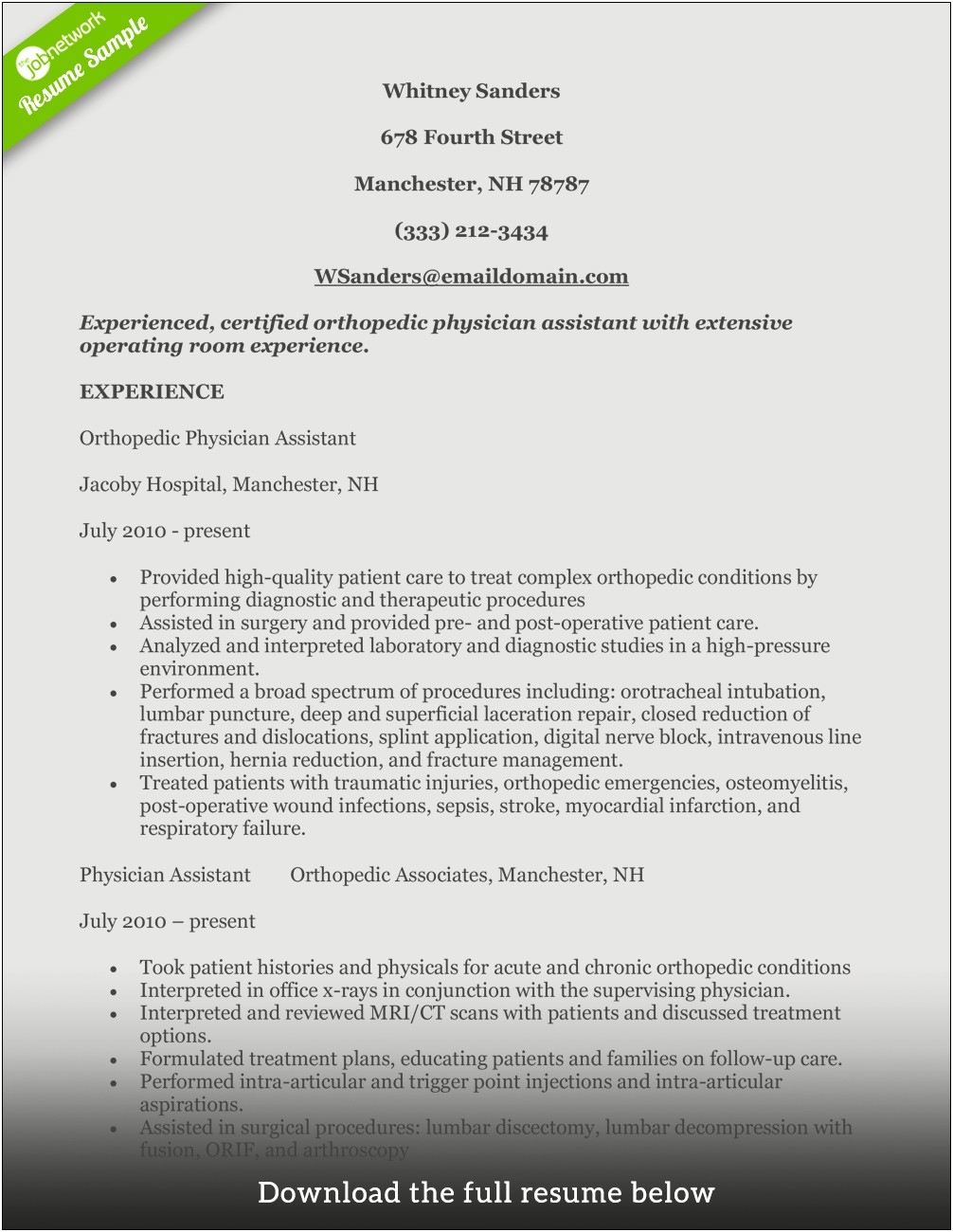 Sample Resume For Orthopedic Surgical First Assistant