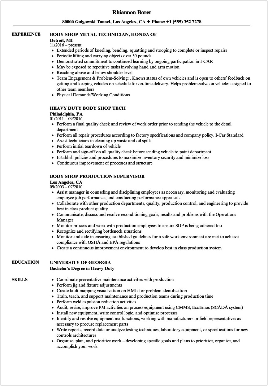 Sample Resume For Paint Shop Engineer