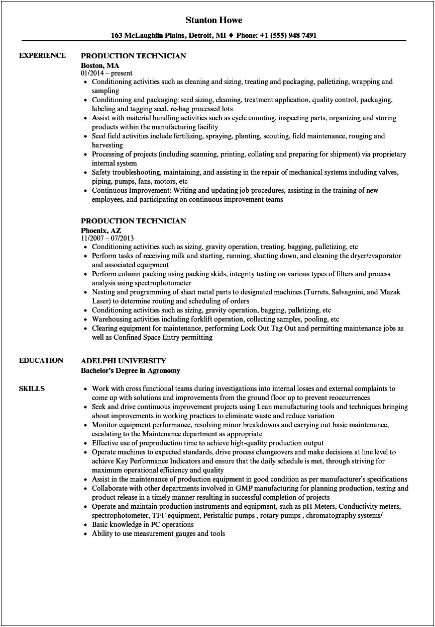 Sample Resume For Pharmaceutical Manufacturing Technician