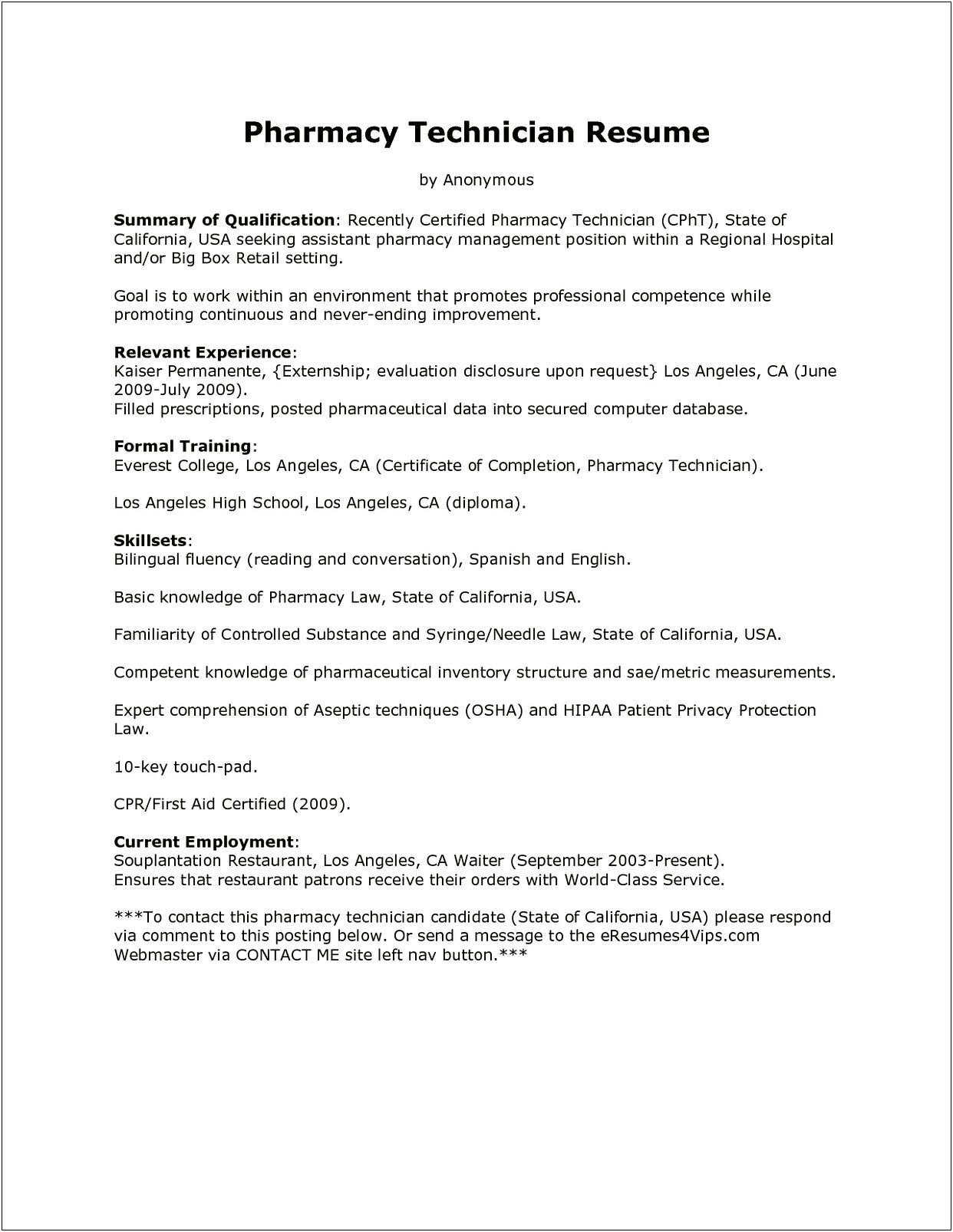 Sample Resume For Pharmacy Technician Position