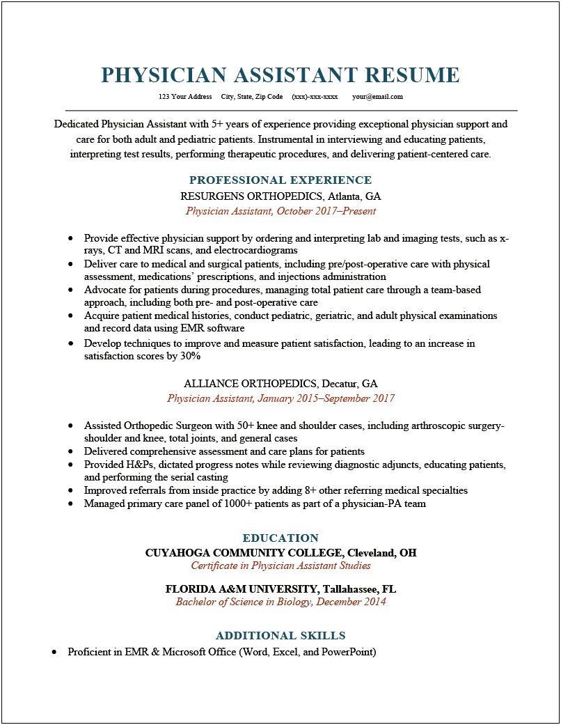 Sample Resume For Physician Assistant Student