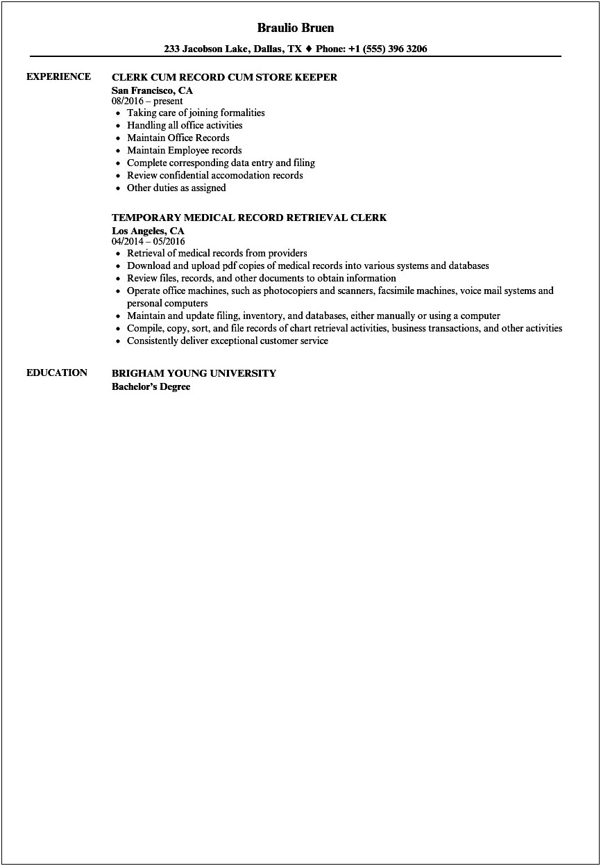 Sample Resume For Police Records Clerk