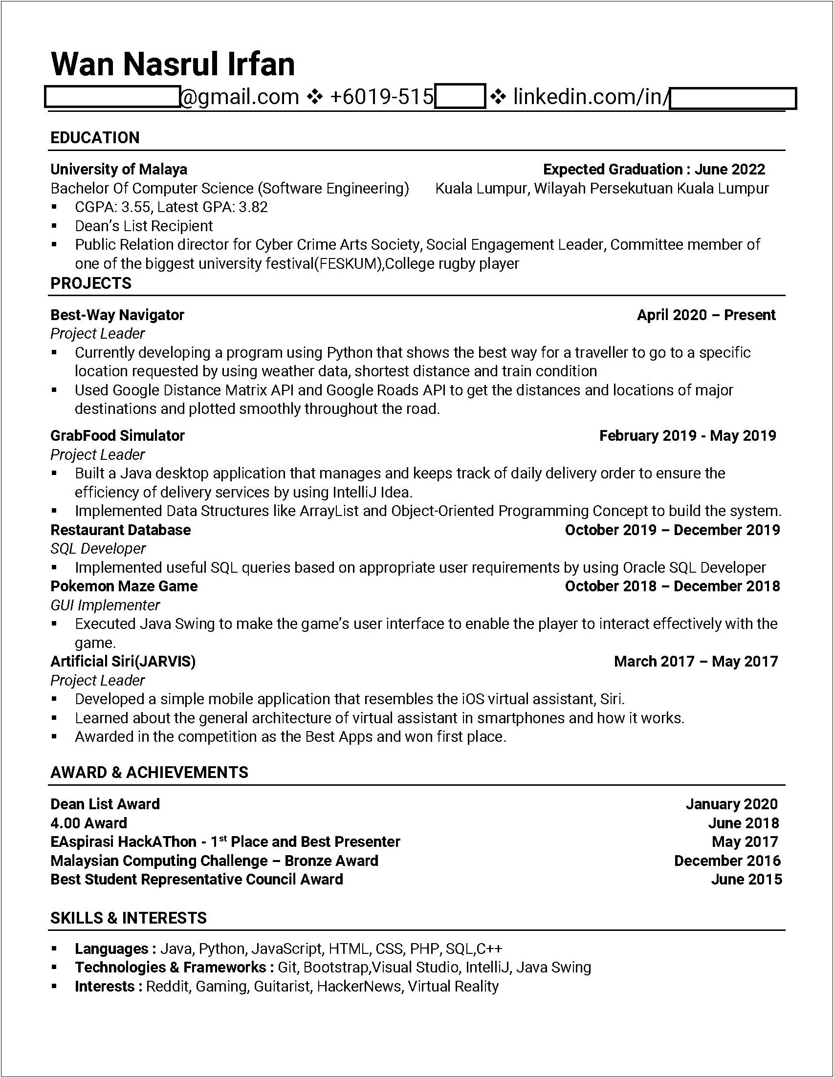 Sample Resume For Practical Student In Malaysia