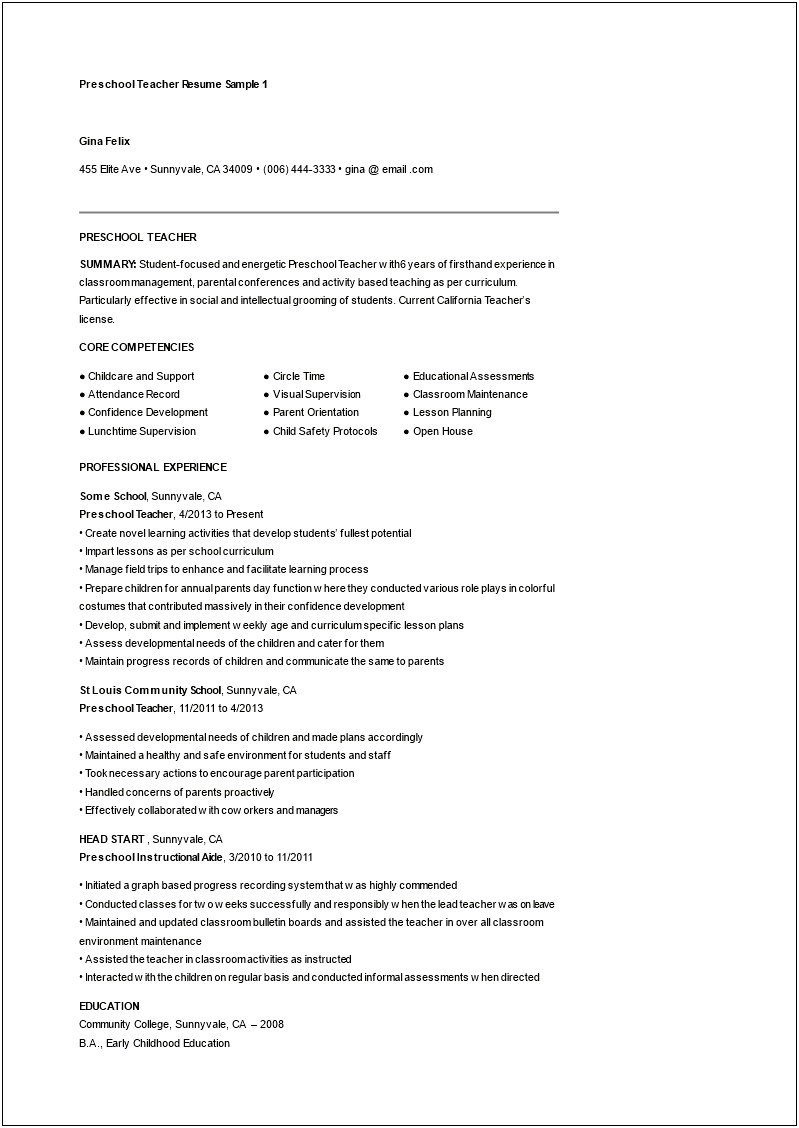 Sample Resume For Preschool Lead Teacher