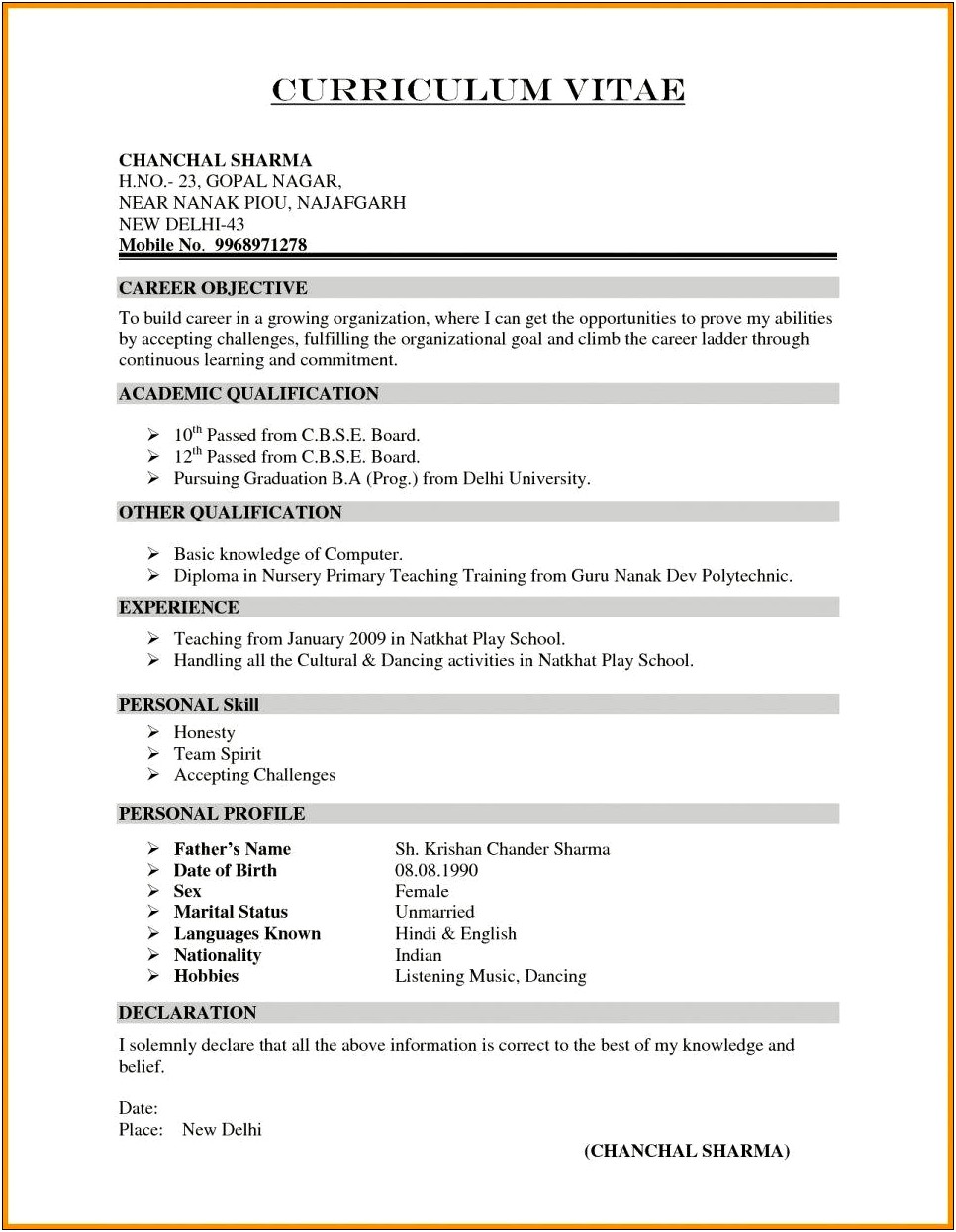 Sample Resume For Preschool Teacher India
