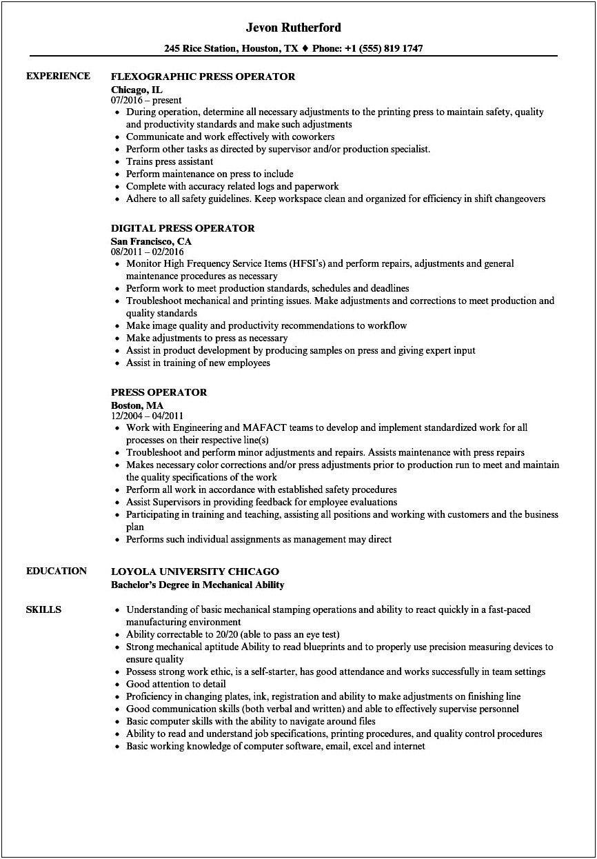 Sample Resume For Press Brake Operator