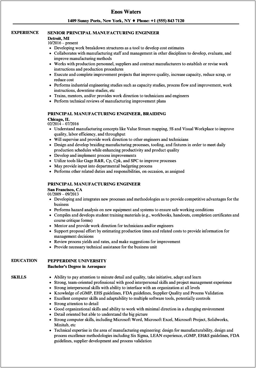 Sample Resume For Principal Engineer