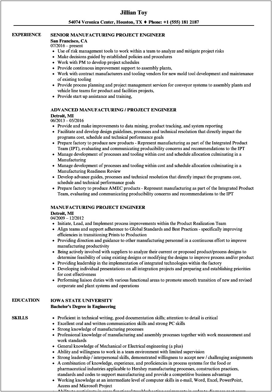 Sample Resume For Production Engineer In Tower Manufacturing