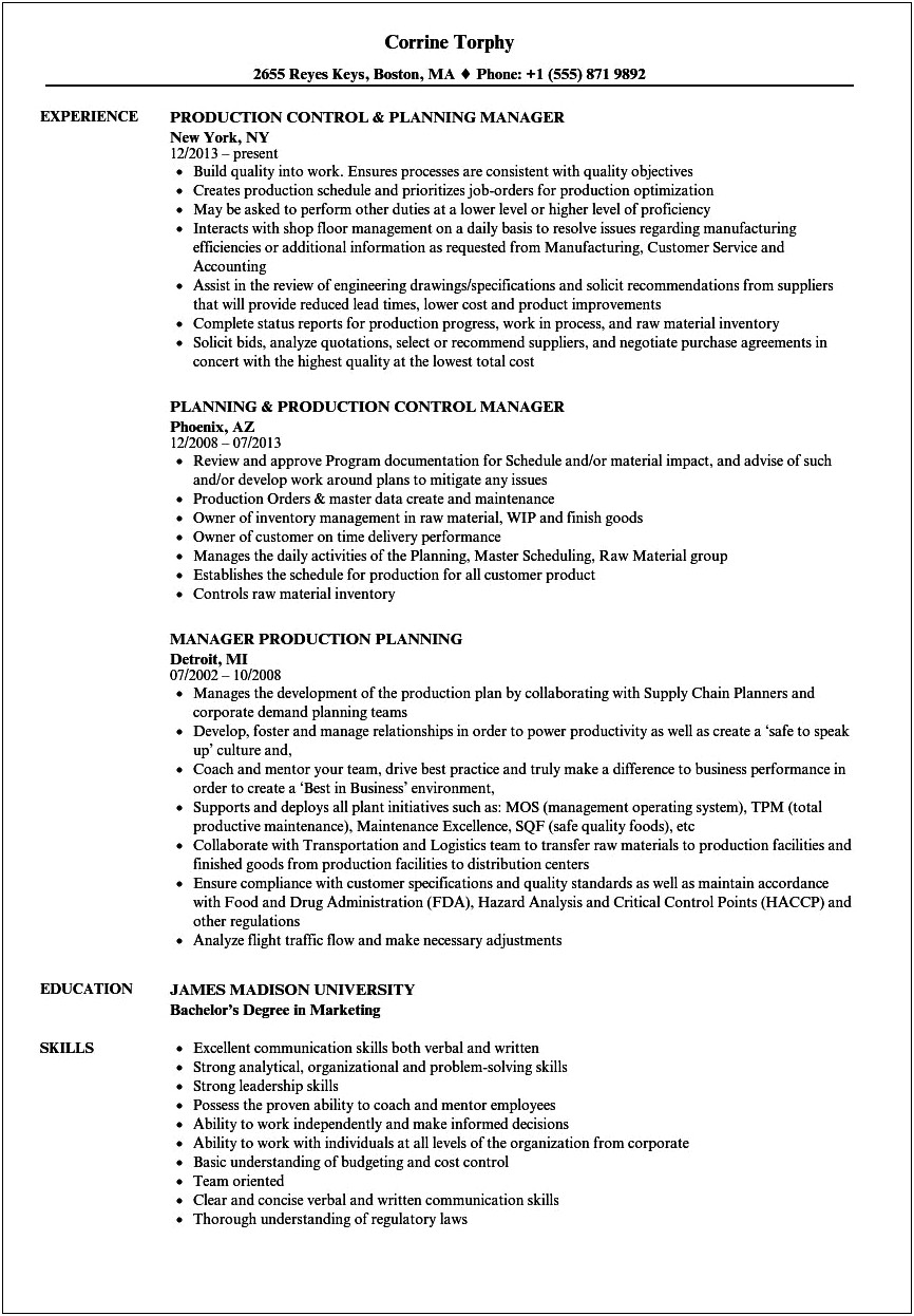 Sample Resume For Production Planning And Control Manager