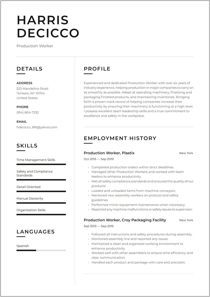 Sample Resume For Production Supervisor In Food Industry