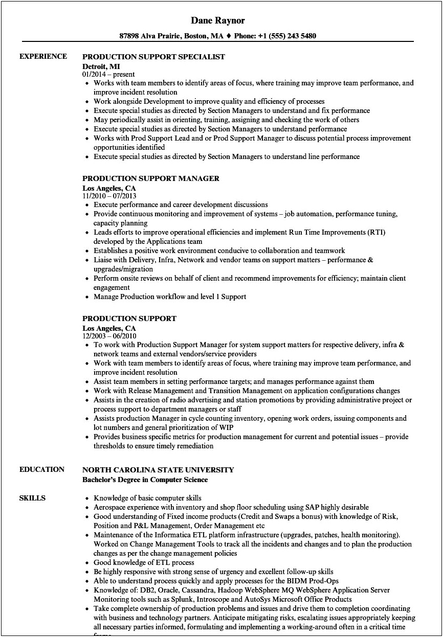 Sample Resume For Production Support Manager