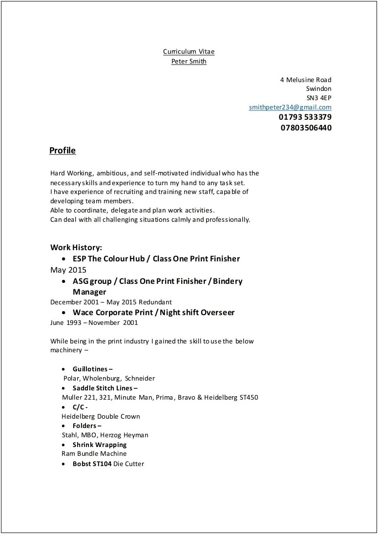 Sample Resume For Professional Cutter Bindery