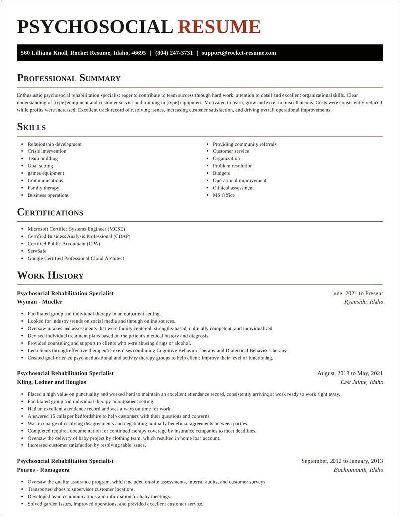 Sample Resume For Psychosocial Rehabilitation Specialist
