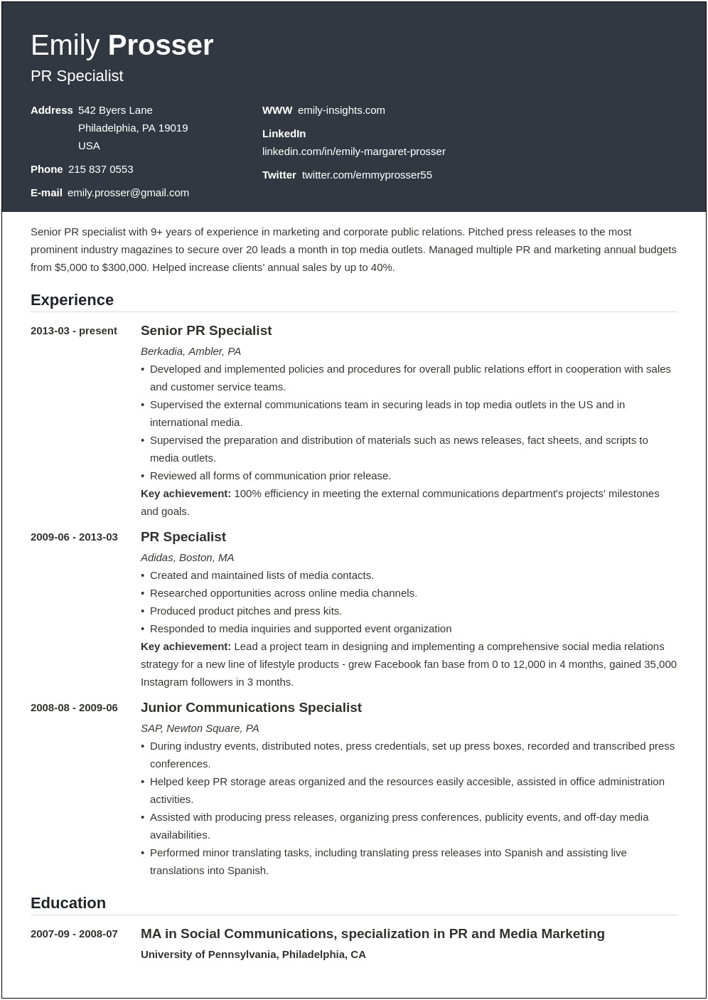 Sample Resume For Public Relations Analyst