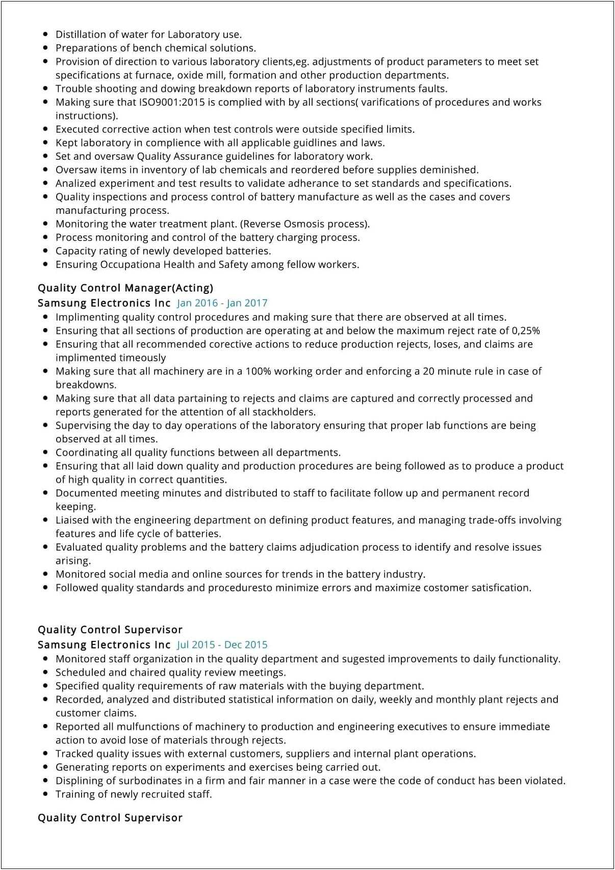 Sample Resume For Quality Control For Electronic Devices