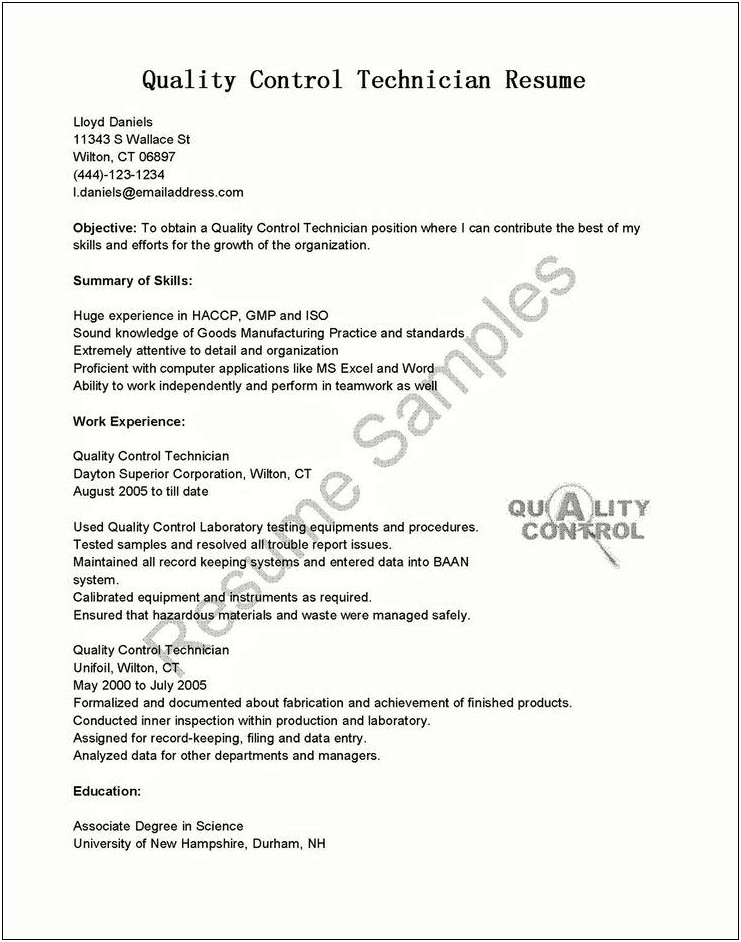 Sample Resume For Quality Control Technician