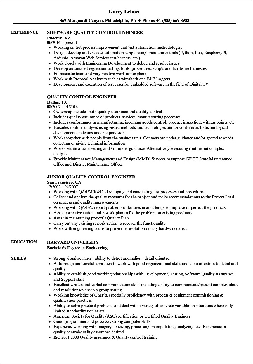 Sample Resume For Quality Engineer In Automobile Pdf