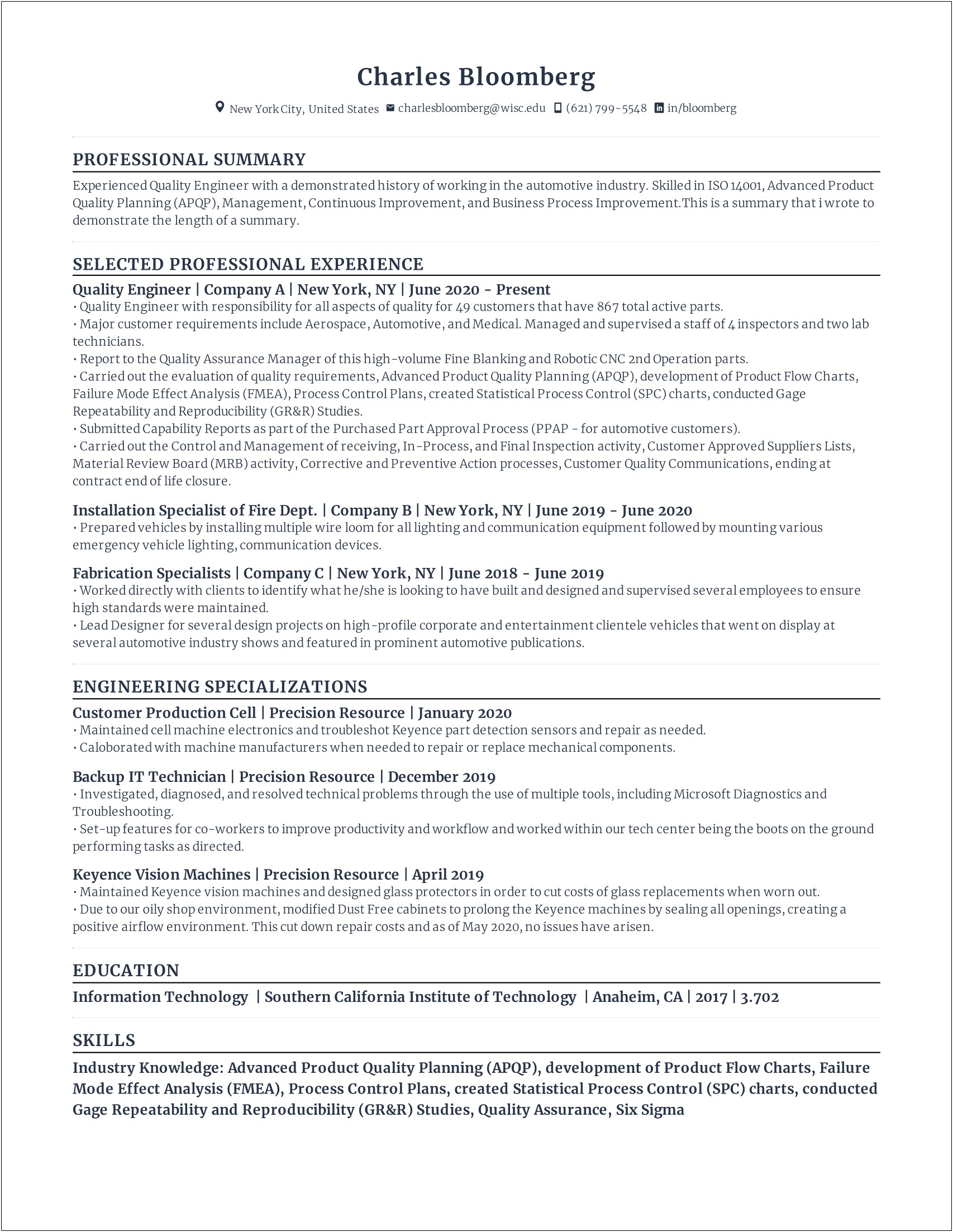 Sample Resume For Quality Engineer In Automobile