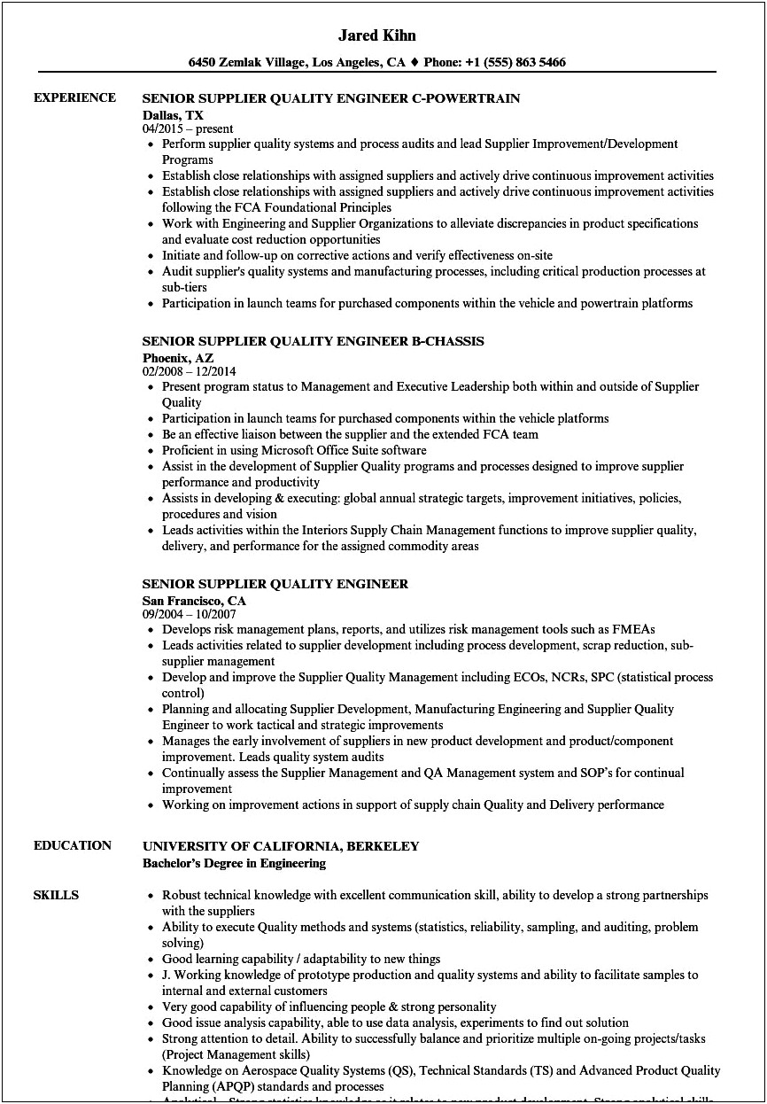 Sample Resume For Quality Engineer In Fabrication