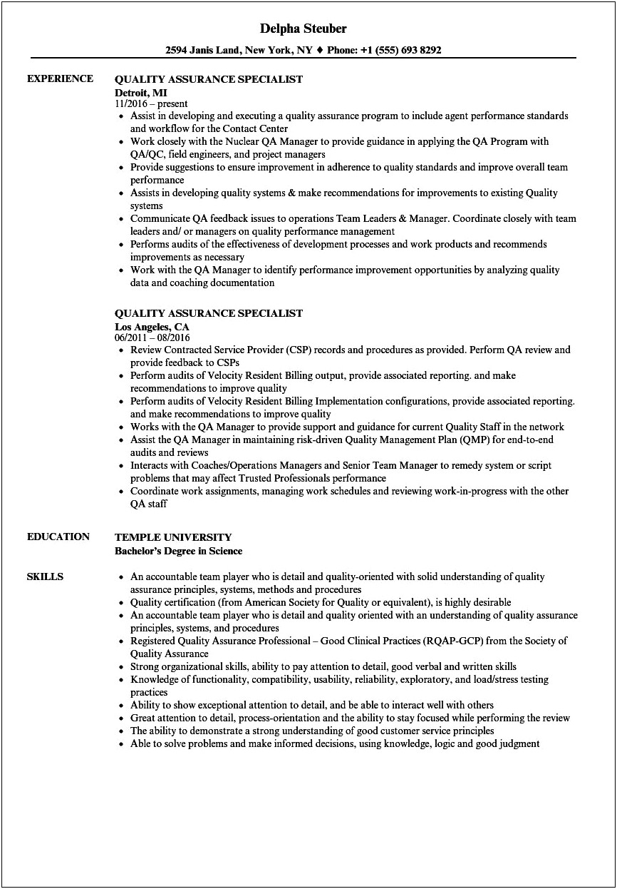 Sample Resume For Quality Improvement Specialist