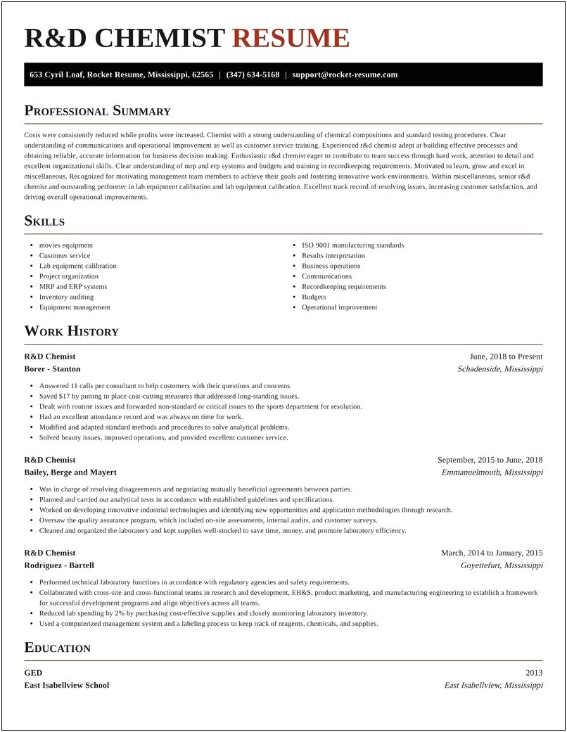 Sample Resume For R&d Chemist